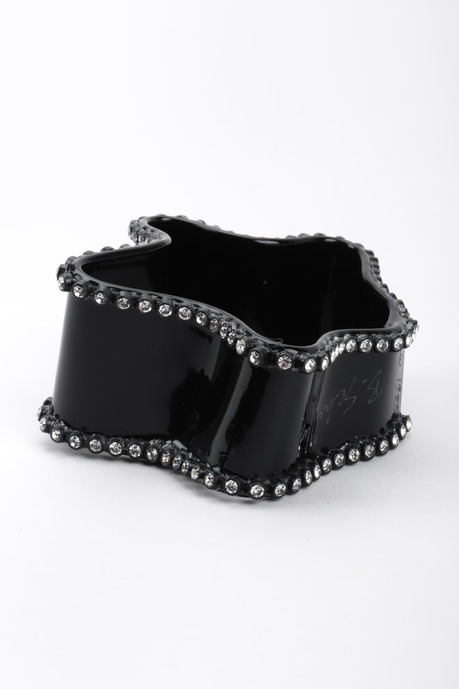 Recess Los Angeles Vintage Bill Schiffer Black Freeform Amoeba Cuff Bracelet Rhinestone Wavy Organic Abstract Plastic Bangle