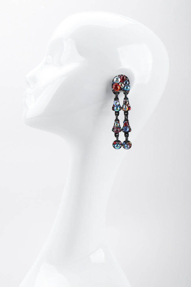 Recess Los Angeles Vintage Bill Schiffer Abstract Beaded Dangle Black Earrings Rhinestone Multicolored