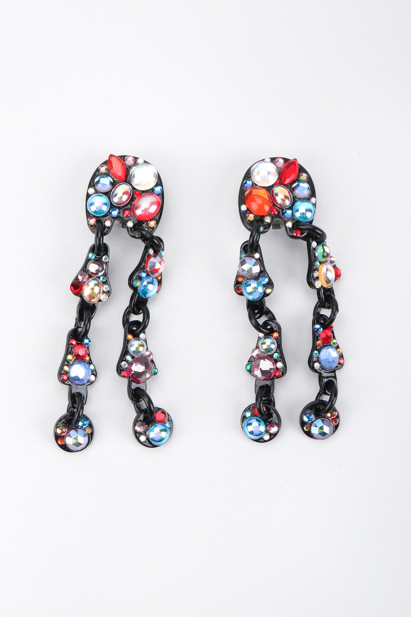 Recess Los Angeles Vintage Bill Schiffer Abstract Beaded Dangle Black Earrings Rhinestone Multicolored