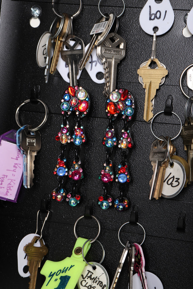 Recess Los Angeles Vintage Bill Schiffer Abstract Beaded Dangle Black Earrings Rhinestone Multicolored