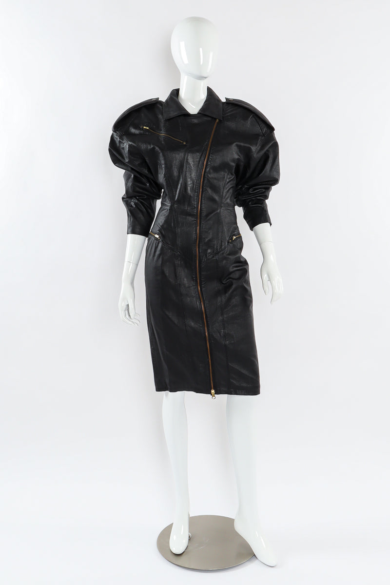 Vintage Mario Zarelli Leather Moto Pencil Dress mannequin front sleeves rolled up @ Recess LA
