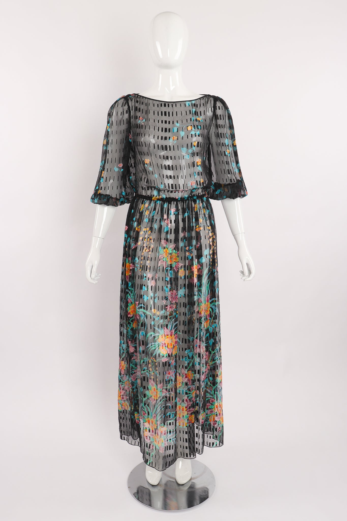 Vintage Sheer Floral Puff Sleeve Dress on Mannequin front at Recess Los Angeles
