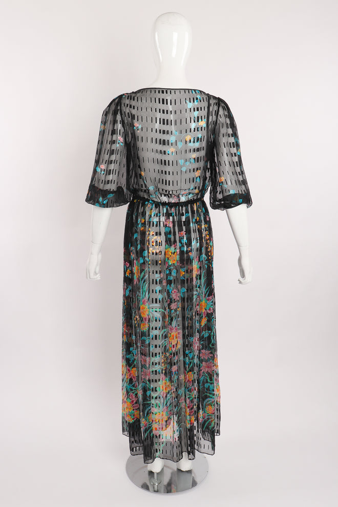 Vintage Sheer Floral Puff Sleeve Dress on Mannequin back at Recess Los Angeles