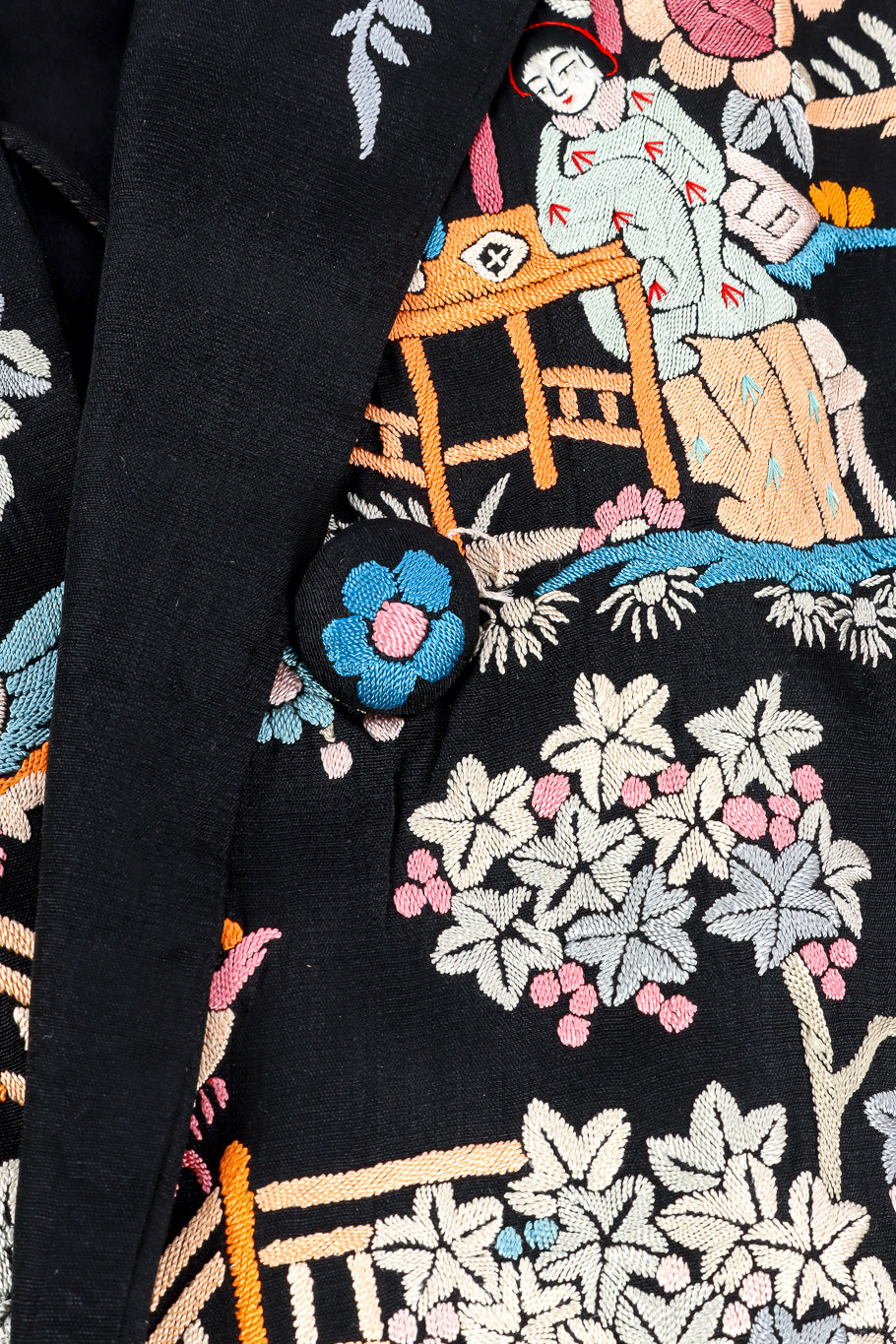 Embroidered silk multi-color jacket button detail @recessla