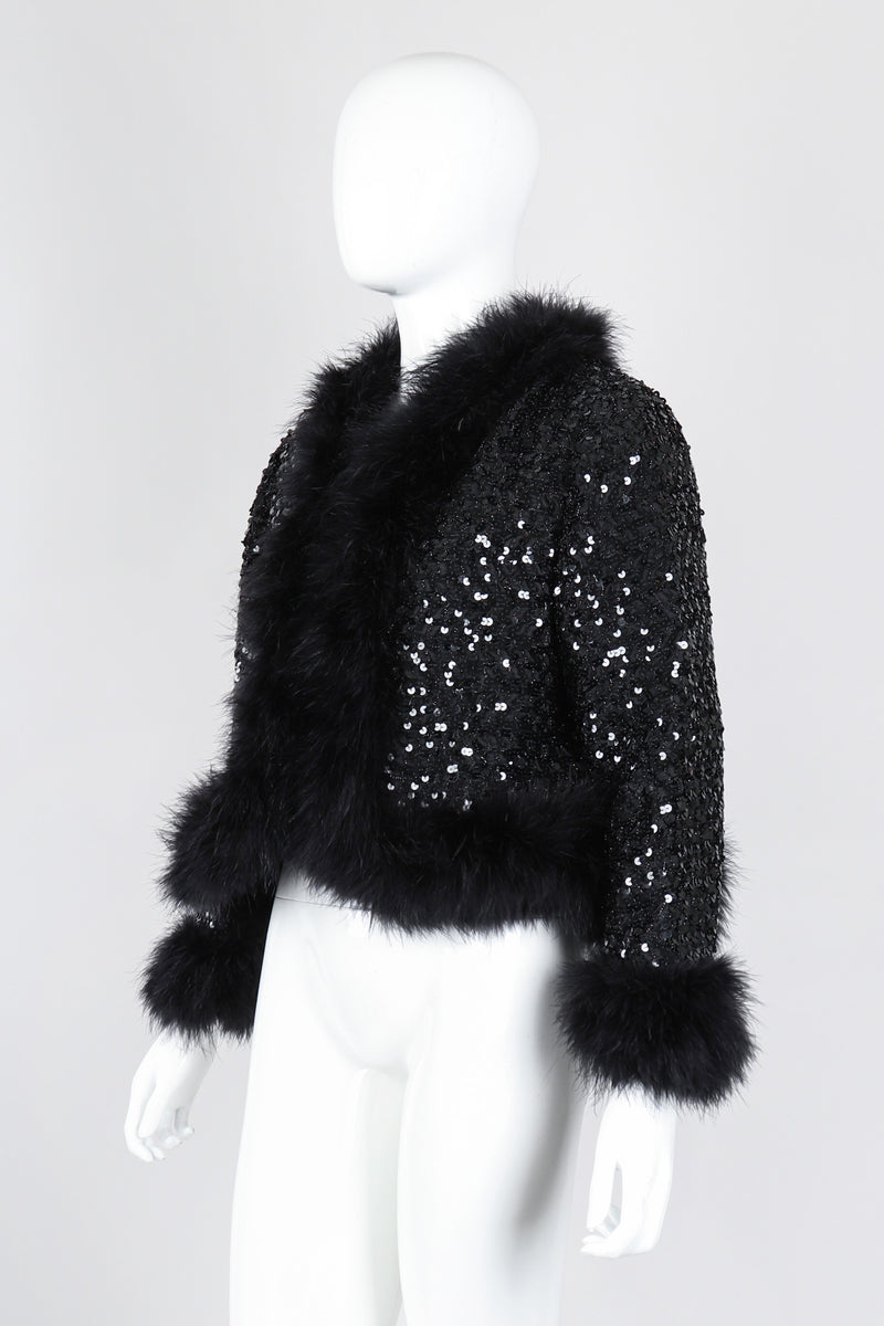 Recess Los Angeles Vintage Marabou Feather Trim Sequin Chubby Jacket