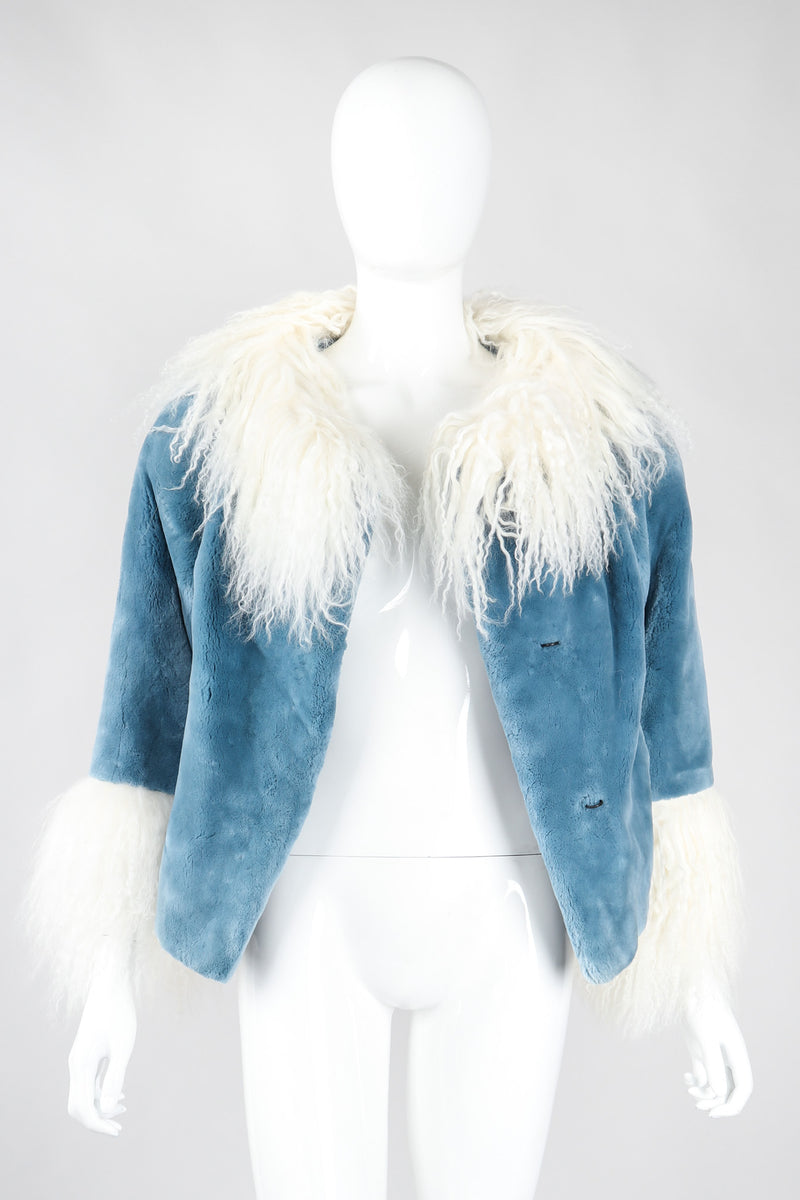Vintage Designer René Mongolian Trimmed Plush Fur Jacket Sky Blue