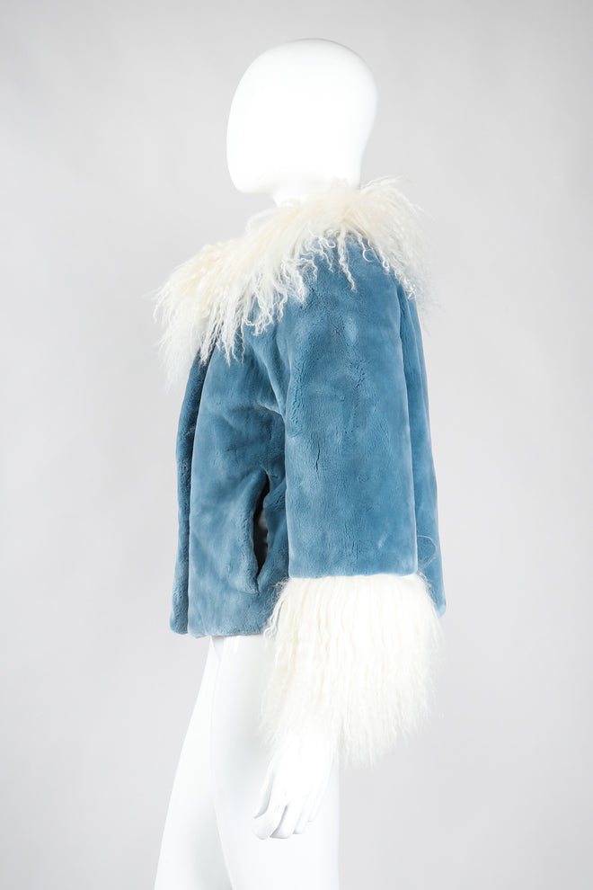Recess Los Angeles Vintage Designer René Mongolian Trimmed Plush Fur Jacket Sky Blue
