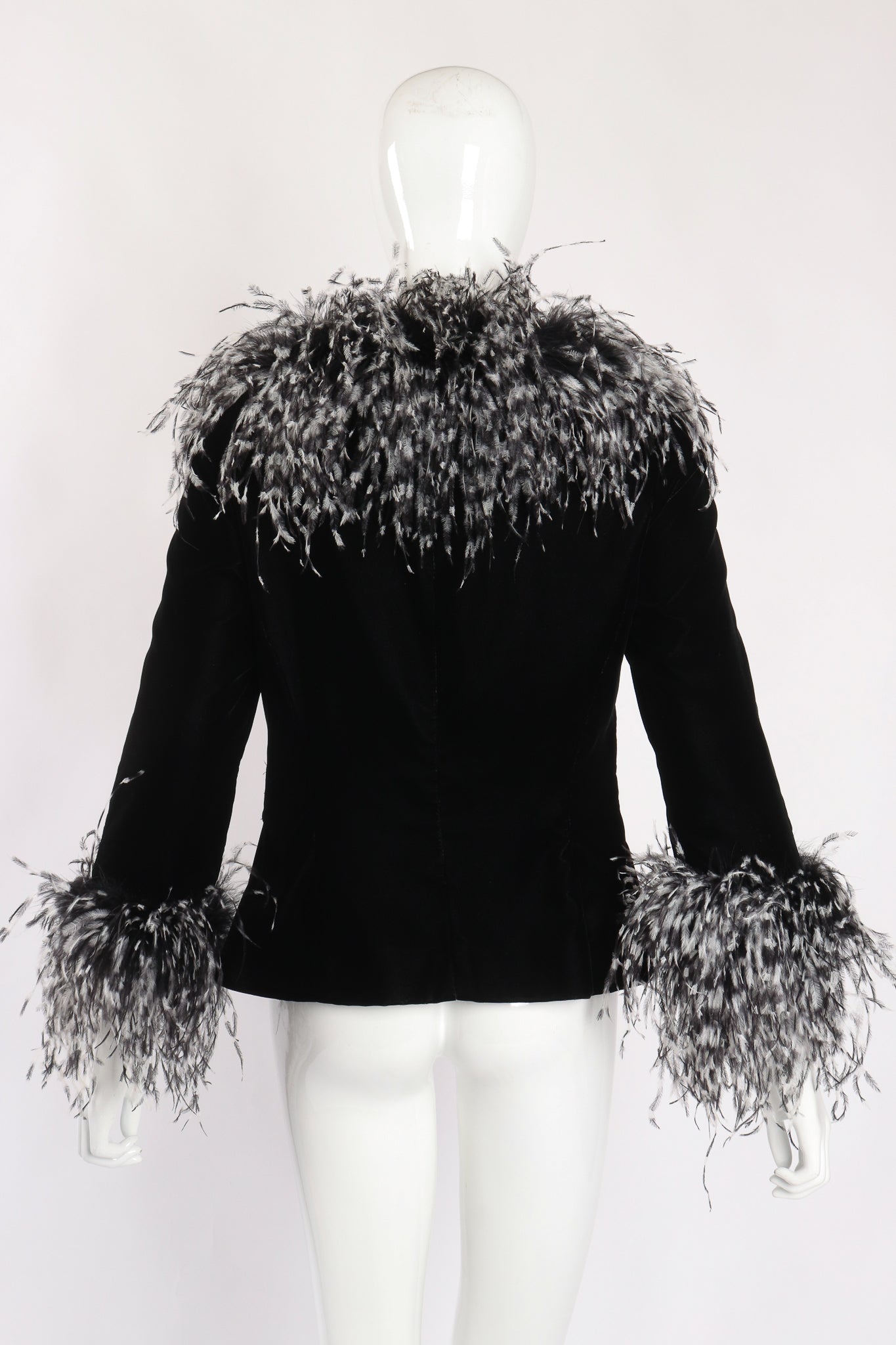 Vintage Bob Mackie Velvet Ostrich Feather Jacket on Mannequin back at Recess Los Angeles