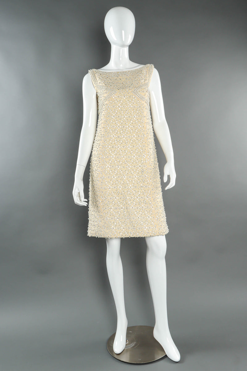 Vintage Bonwit Teller Posh Pearl & Rhinestone Shift Dress mannequin front @ Recess LA