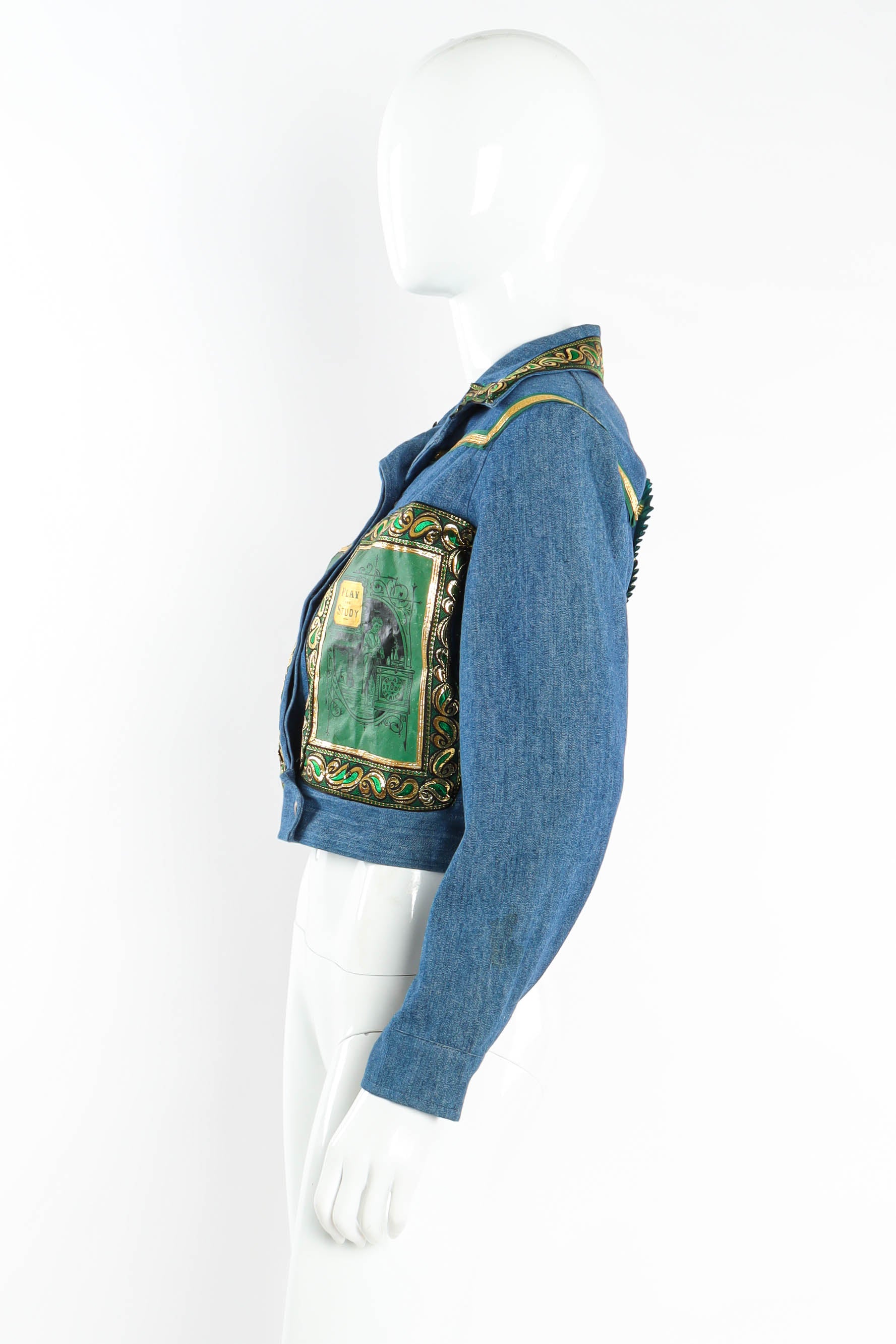 Vintage Helen Neufeld Bookjackets Play & Work Hard Denim Jacket mannequin side @ Recess Los Angeles