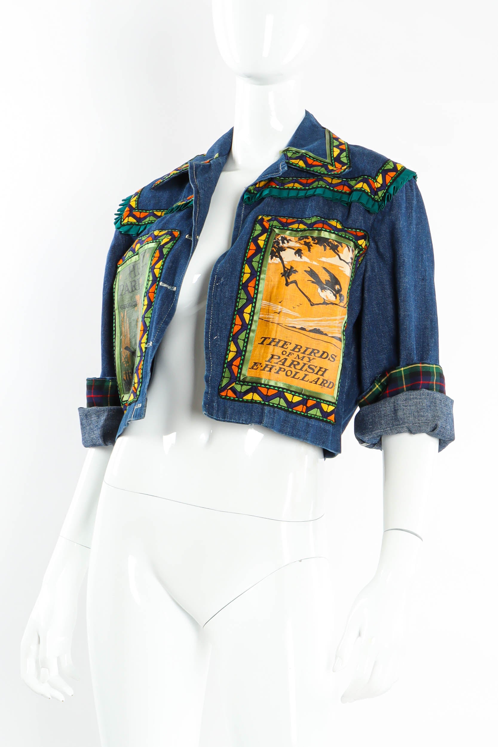 Vintage Helen Neufeld BookJacket Traveling Birds Denim Jacket mannequin angle @ Recess Los Angeles