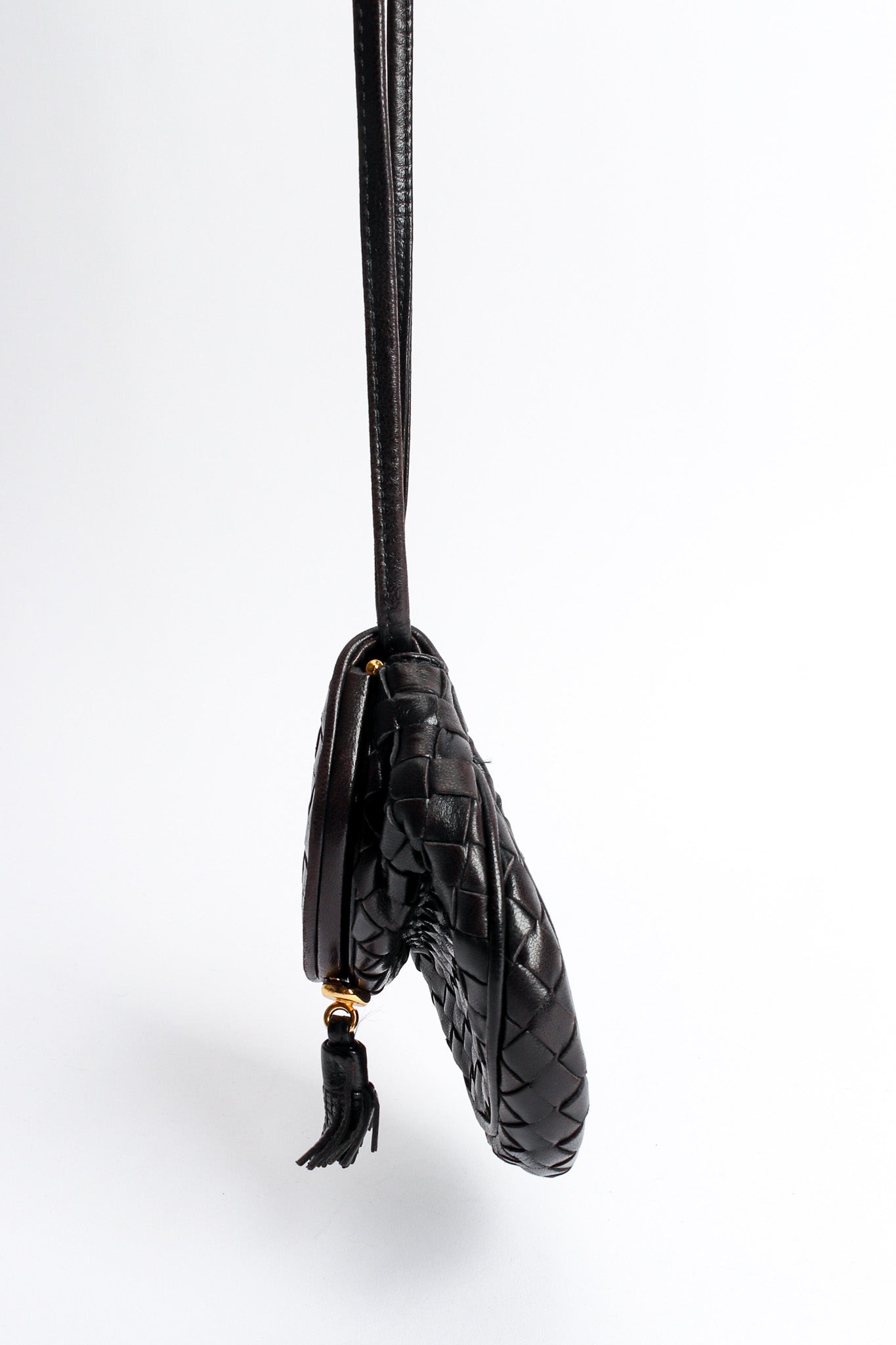 Vintage Bottega Veneta Woven Leather Crossbody Mini Bag side hang @ Recess LA