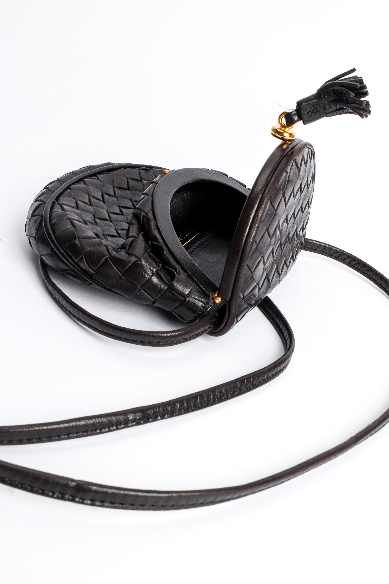 Vintage Bottega Veneta Woven Leather Crossbody Mini Bag flap opened @ Recess LA