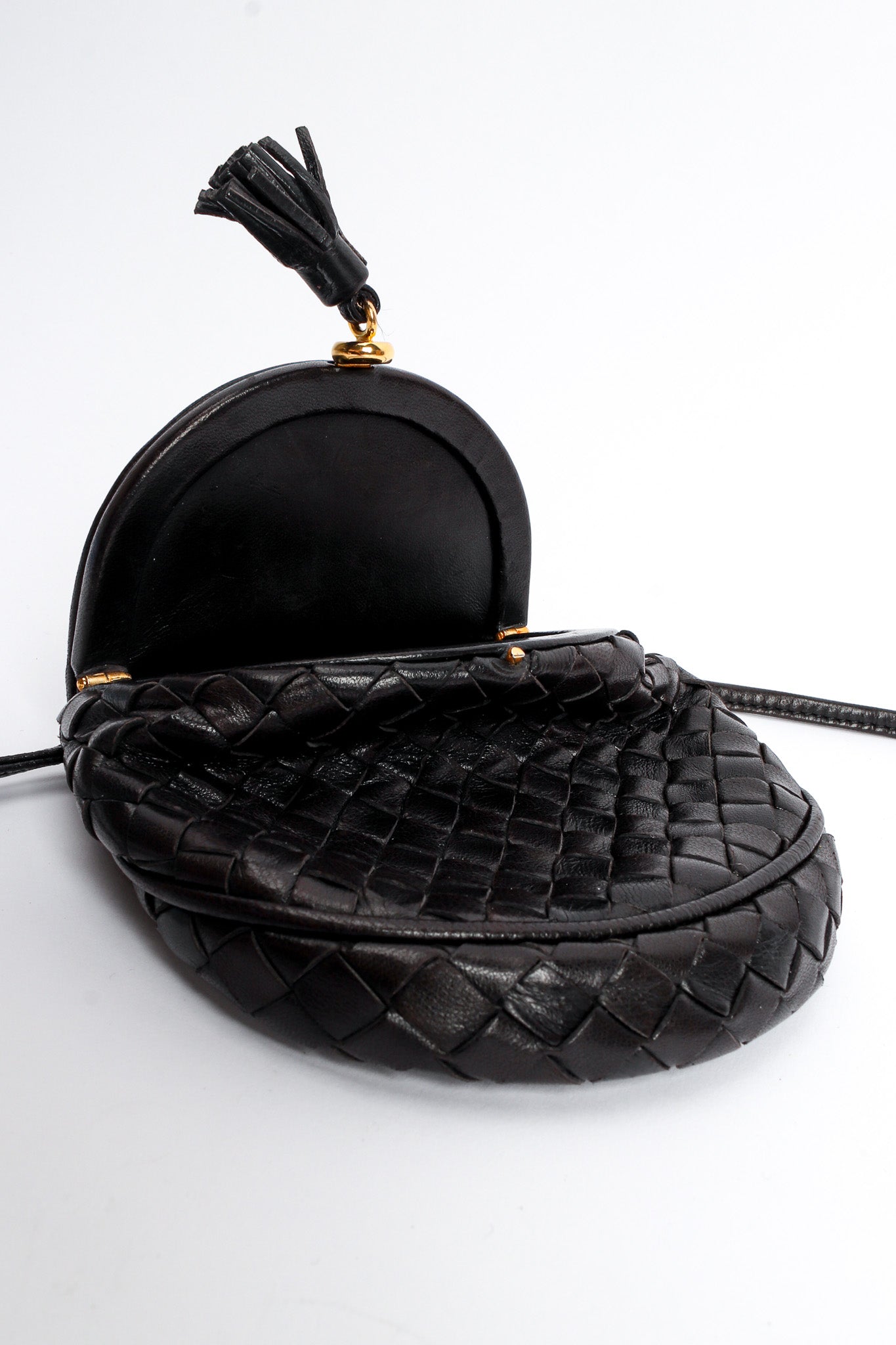 Vintage Bottega Veneta Woven Leather Crossbody Mini Bag flap opened front @ Recess LA