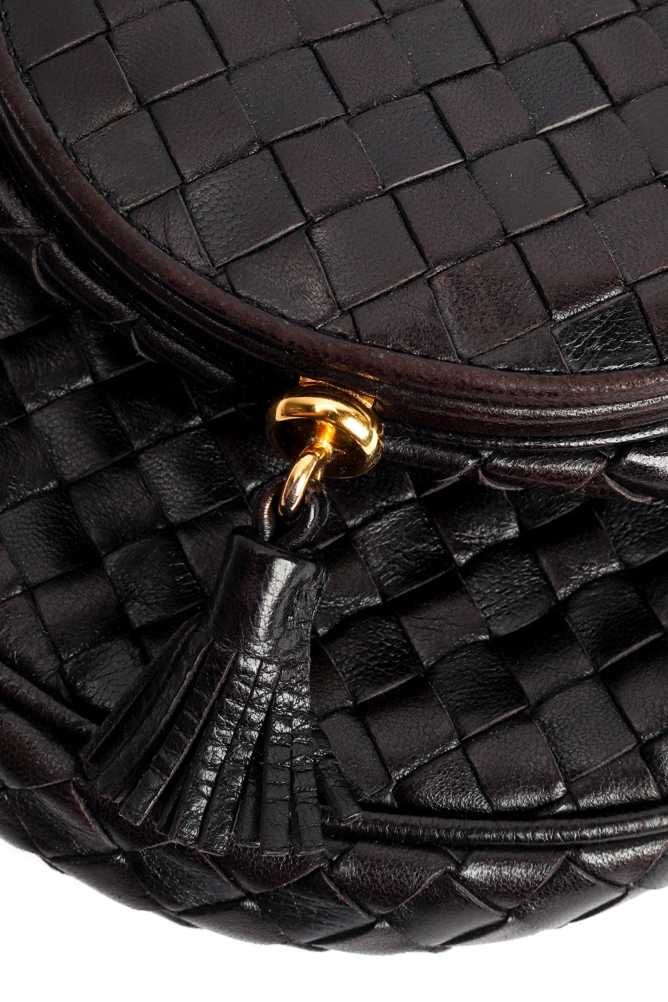 Vintage Bottega Veneta Woven Leather Crossbody Mini Bag tassel clasp close @ Recess LA