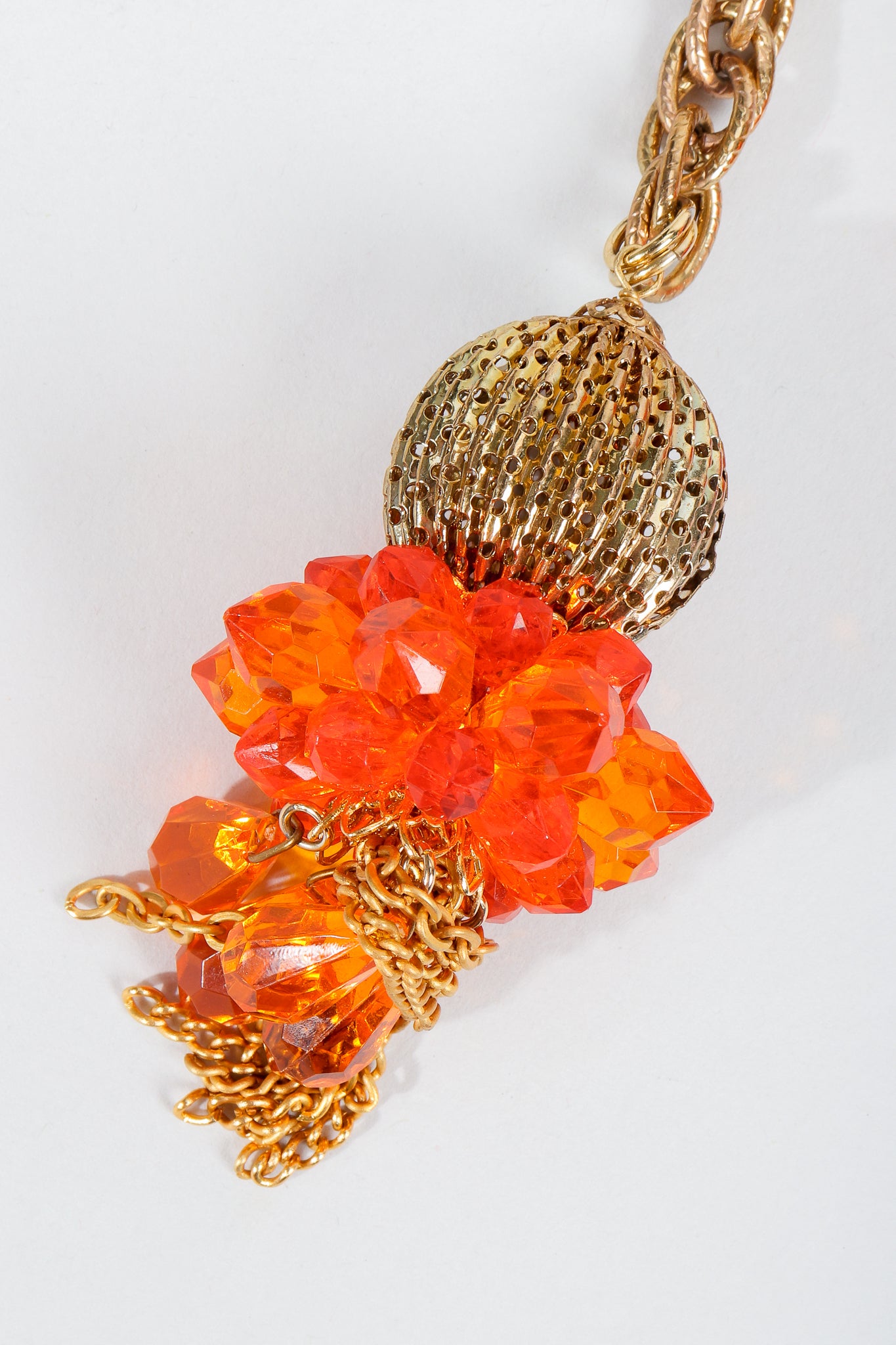Vintage Unsigned Fiery Orange Beaded Tassel Wrap Necklace Bead Detail at Recess