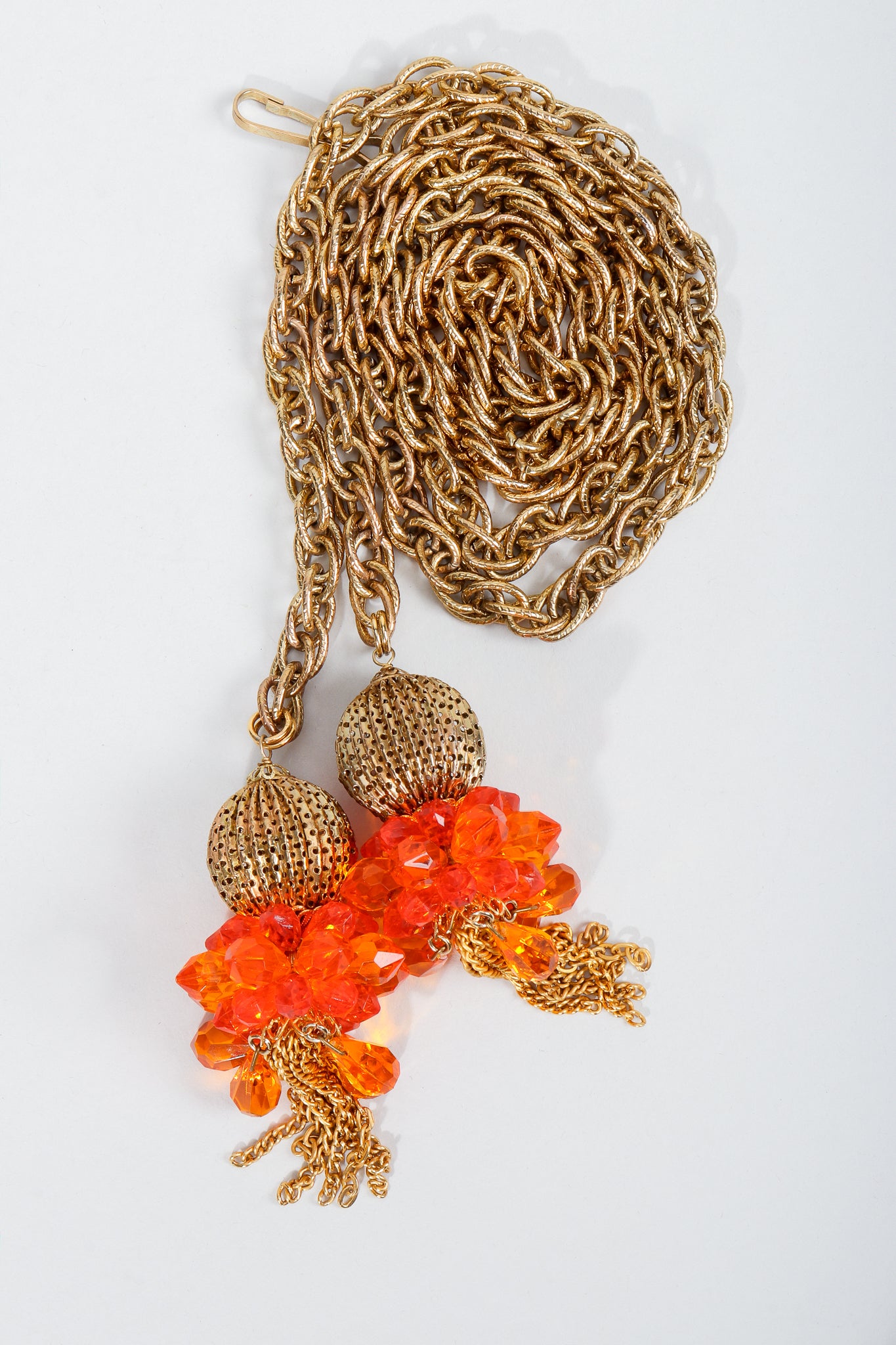 Vintage Unsigned Fiery Orange Beaded Tassel Wrap Necklace or Belt on Grey