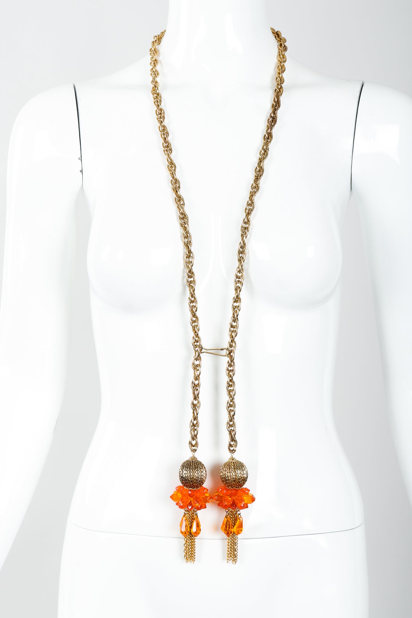 Vintage Unsigned Fiery Orange Beaded Tassel Wrap Necklace on Mannequin at Recess