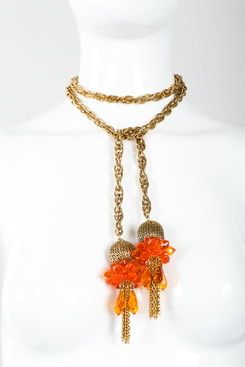 Vintage Unsigned Fiery Orange Beaded Tassel Wrap Necklace on Mannequin, wrapped at Recess