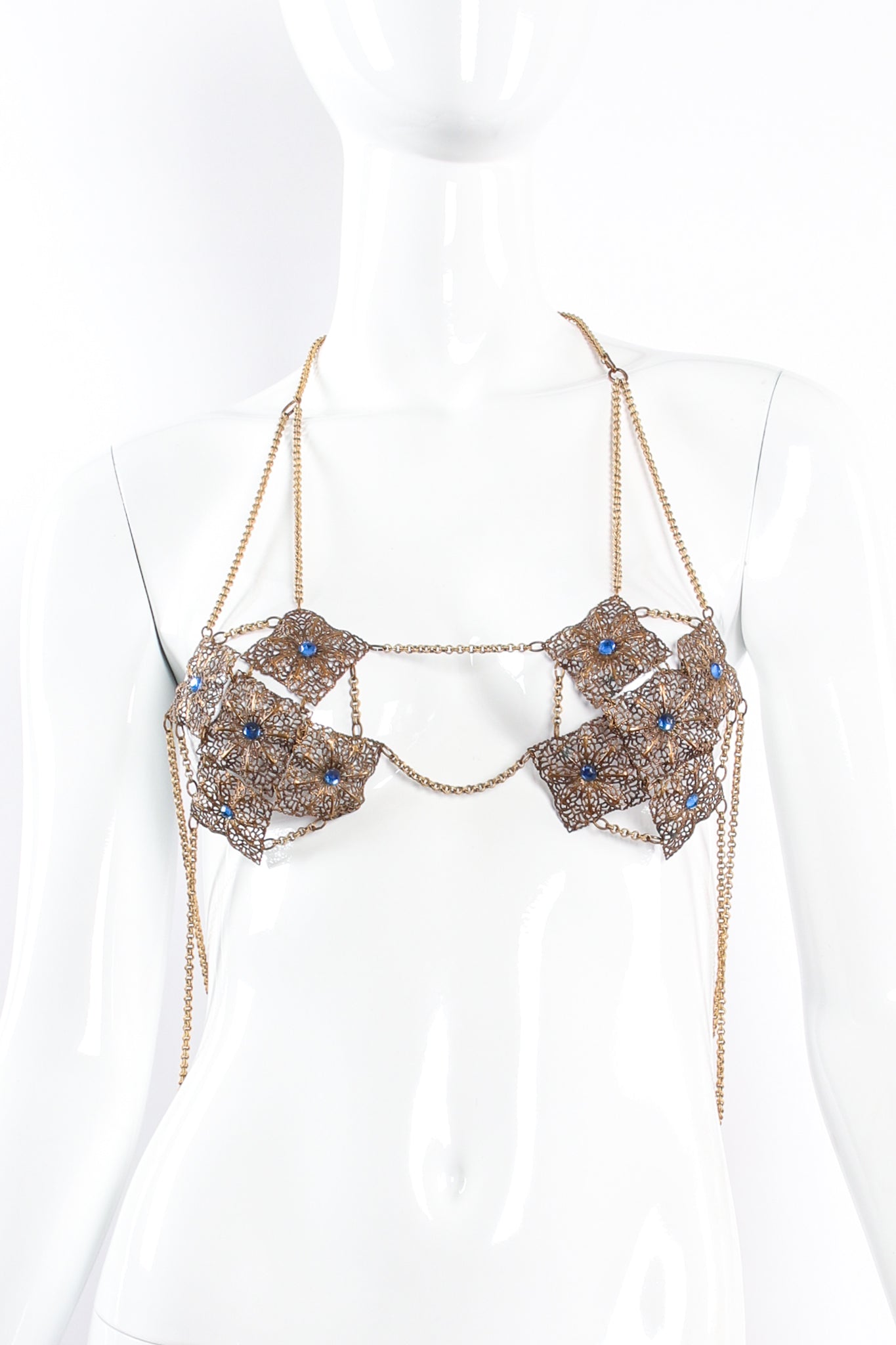 Vintage Antique Brass Filigree Plate Chain Bra Top on mannequin front at Recess Los Angeles