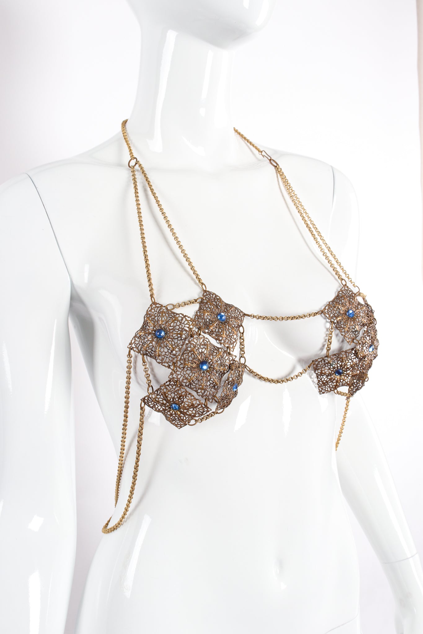 Vintage Antique Brass Filigree Plate Chain Bra Top on mannequin angle at Recess Los Angeles