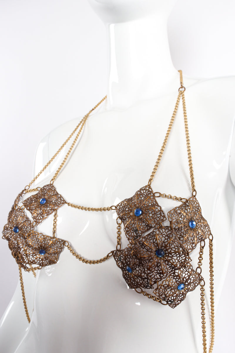 Vintage Antique Brass Filigree Plate Chain Bra Top on mannequin angle at Recess Los Angeles