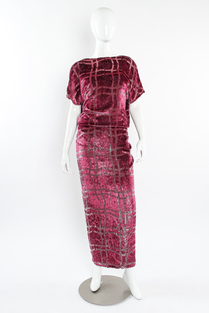 Vintage Bruce Oldfield Metallic Velvet Burnout Dress mannequin front @ Recess LA