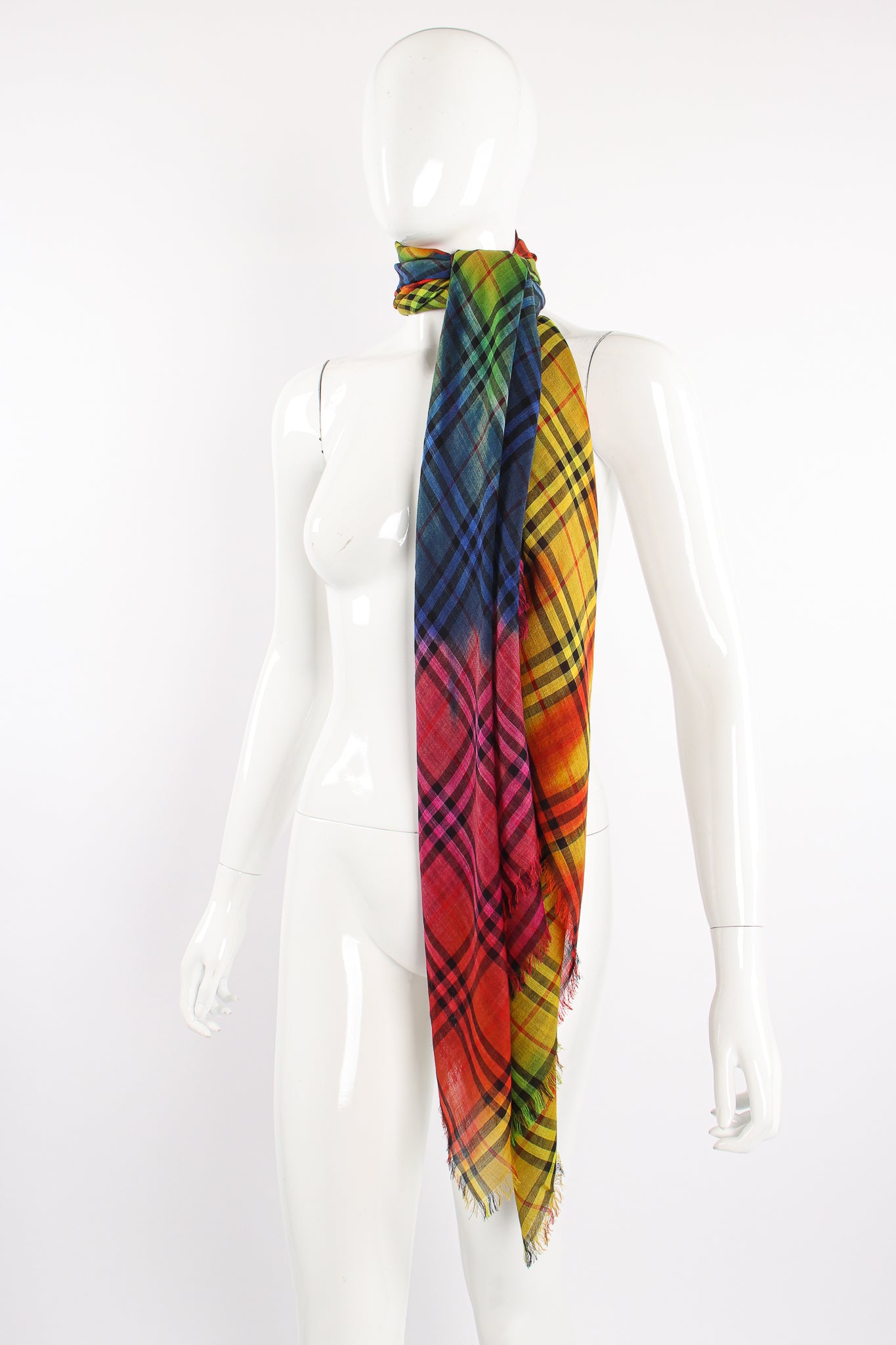 Vintage Burberry Rainbow Tie Dye Plaid Scarf on Mannequin at Recess Los Angeles