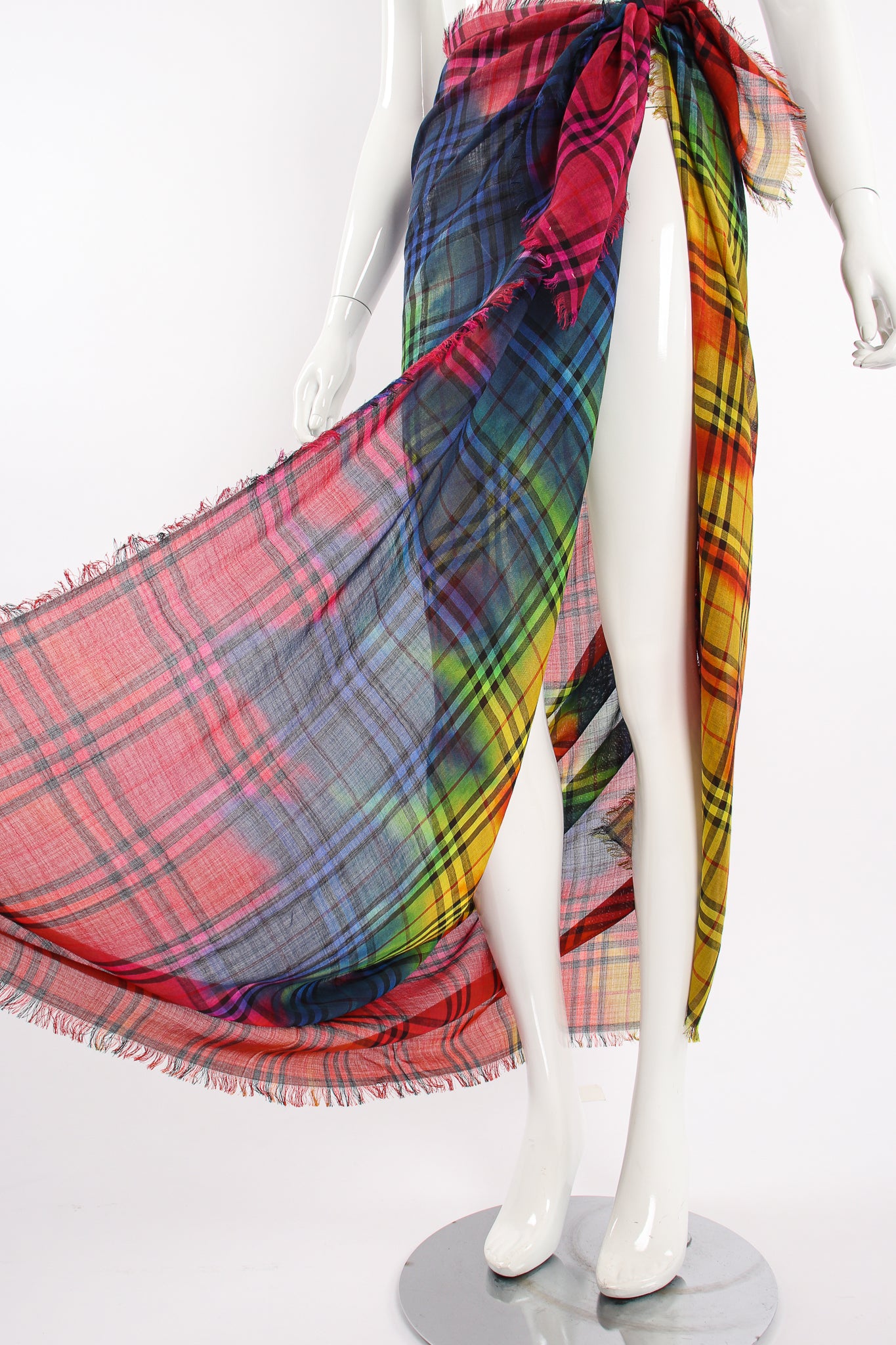 Vintage Burberry Rainbow Tie Dye Plaid Scarf on Mannequin at Recess Los Angeles