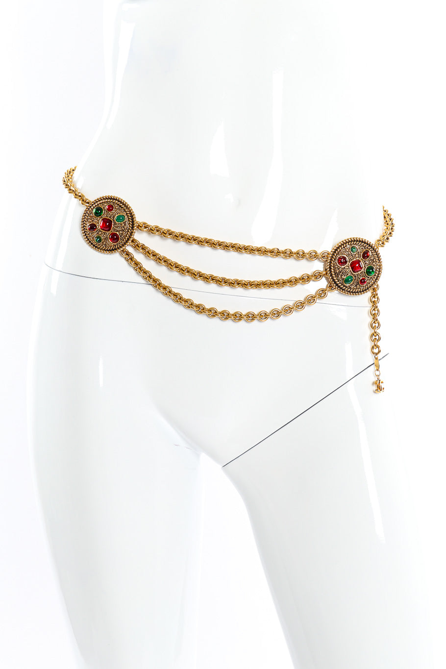 Medallion chain drop belt by Chanel mannequin front @recessla