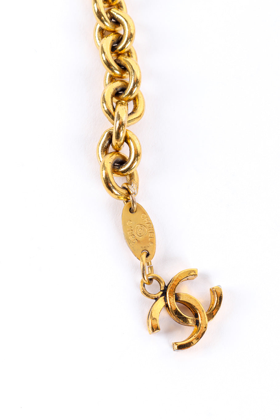 Medallion chain drop belt by Chanel cartouche front  @recessla