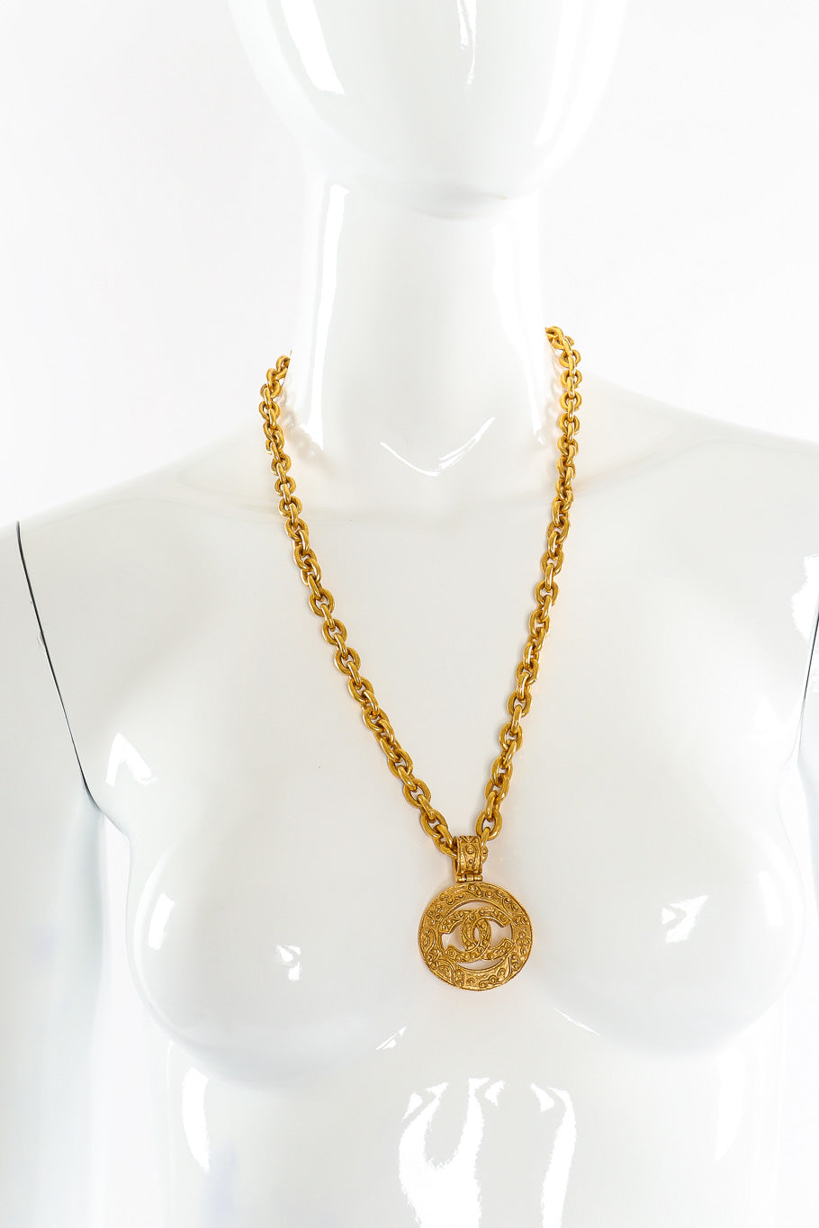 Vintage Chanel Brocade CC Pendant Necklace on mannequin @recessla