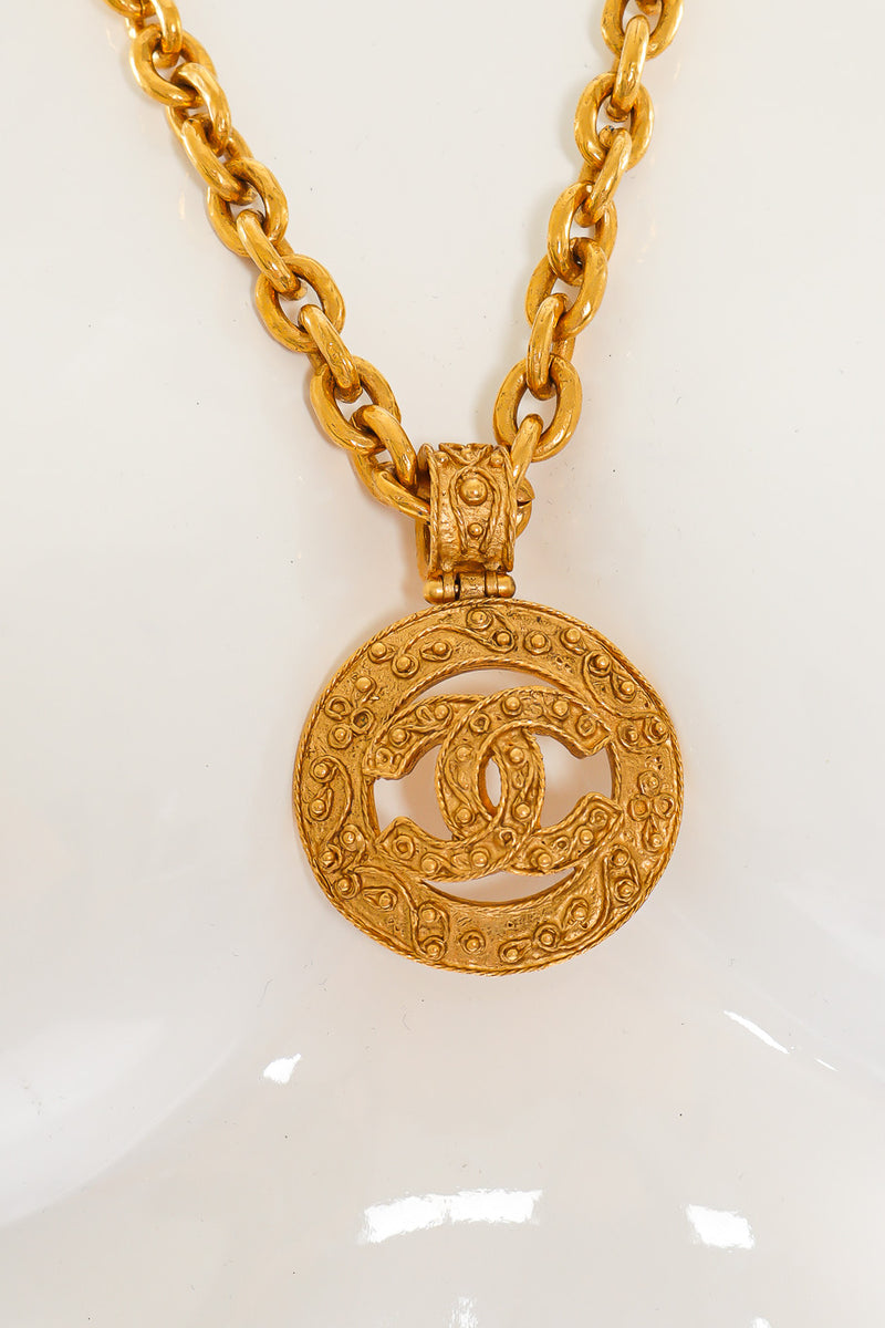 Vintage Chanel Brocade CC Pendant Necklace on mannequin @recessla