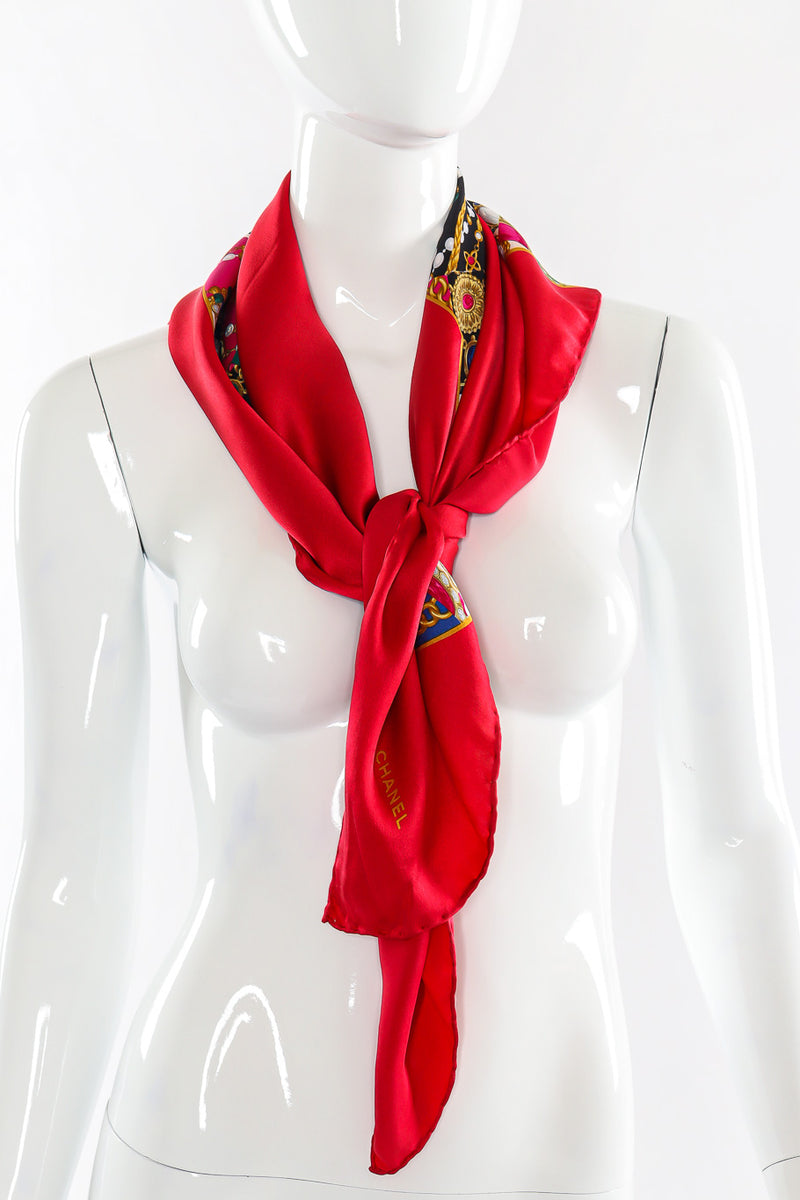 Large mosaic print emblem scarf by Chanel mannequin neck tie front @recessla