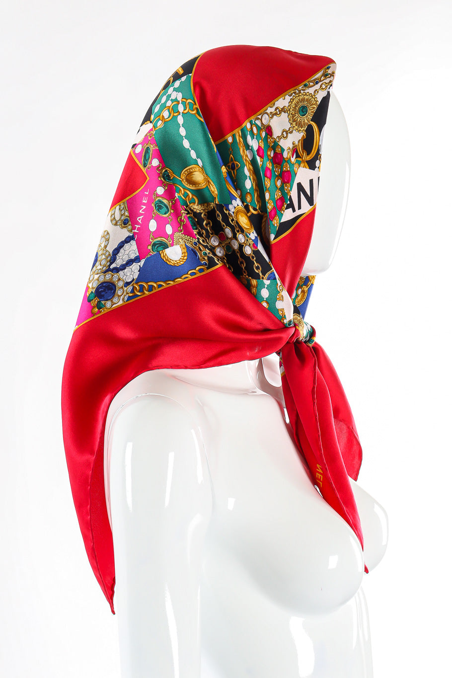 Large mosaic print emblem scarf by Chanel mannequin headscarf side @recessla
