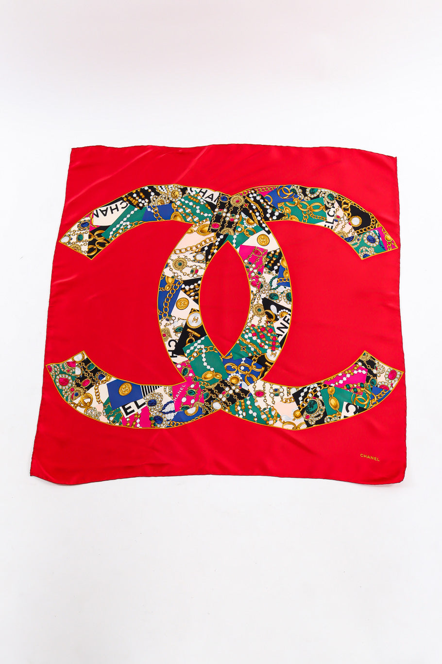 Large mosaic print emblem scarf by Chanel flat lay full @recessla