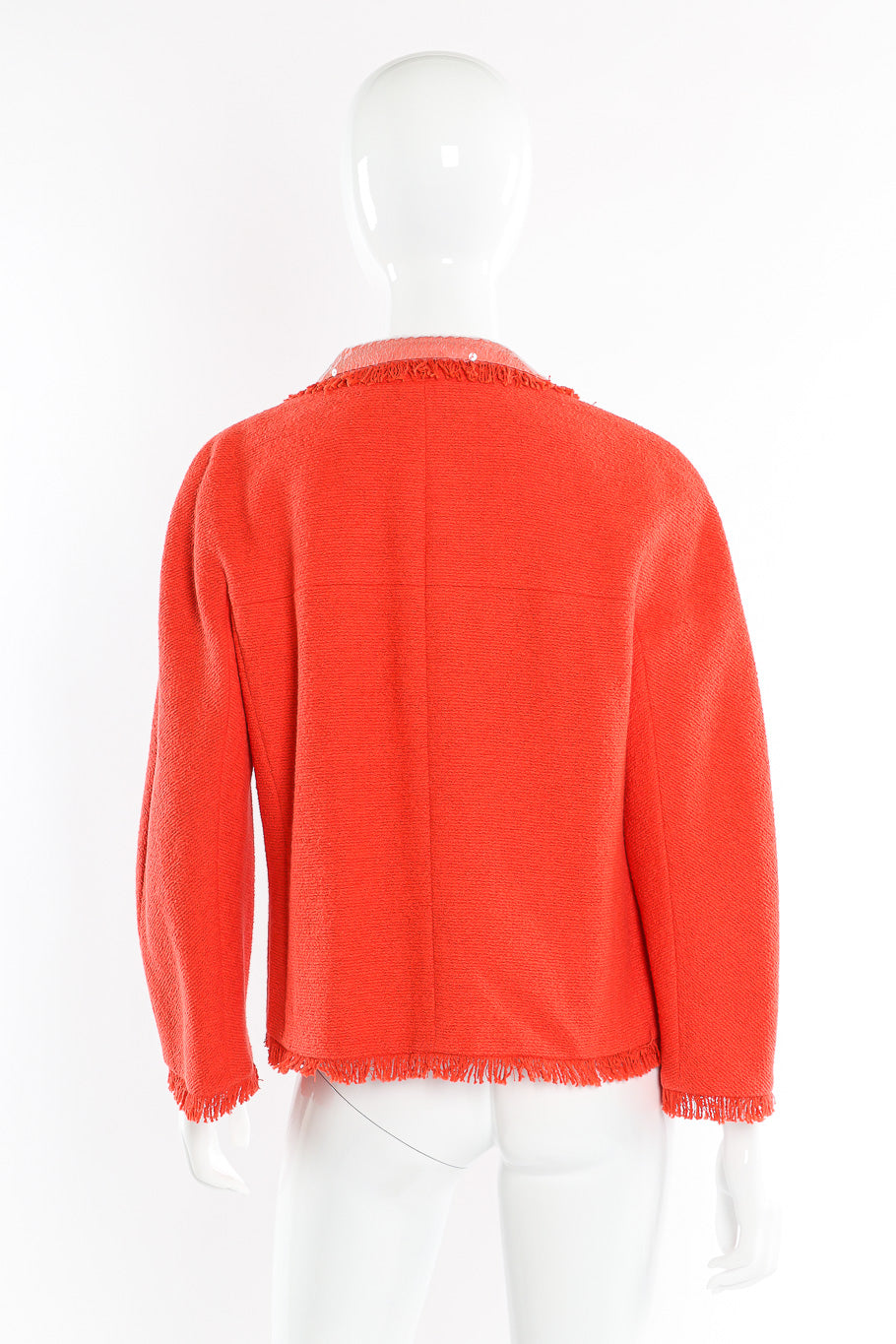 Bouclé tweed knit jacket by Chanel on mannequin back @recessla