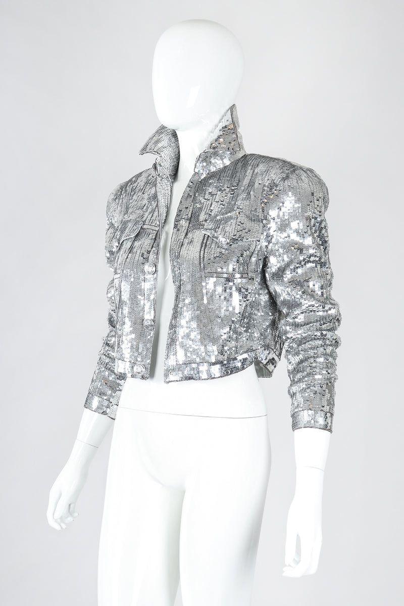 Recess Designer Consignment Vintage Cache Silver Sequin Disco Ball Jean Jacket Los Angeles Resale
