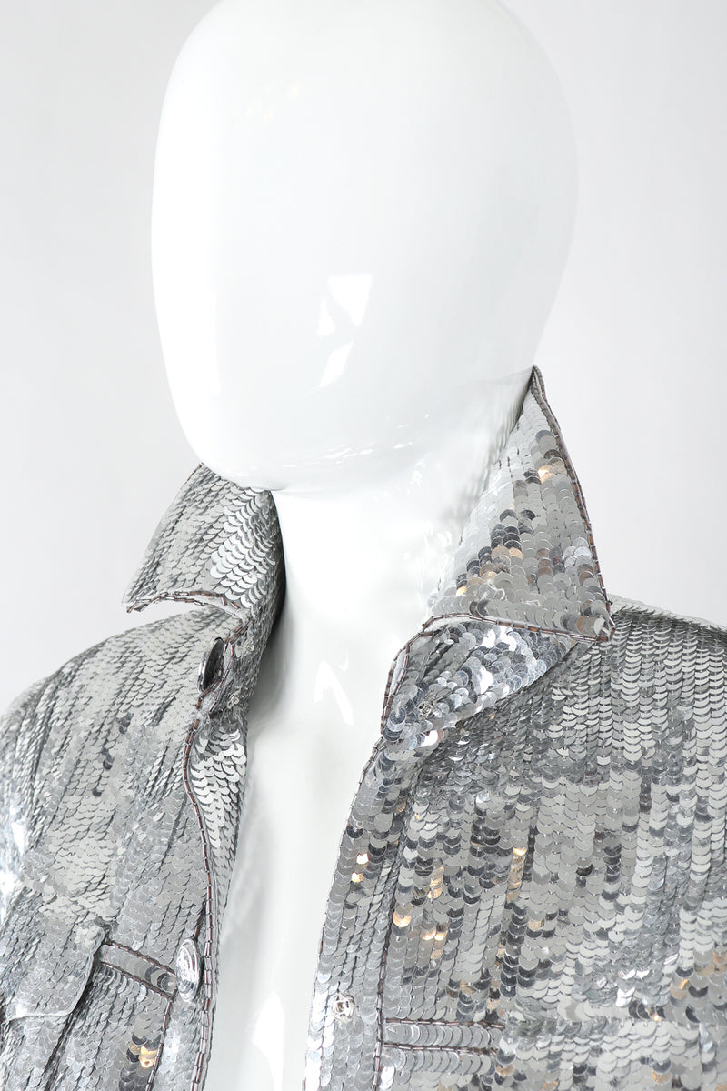 Recess Designer Consignment Vintage Cache Silver Sequin Disco Ball Jean Jacket Los Angeles Resale