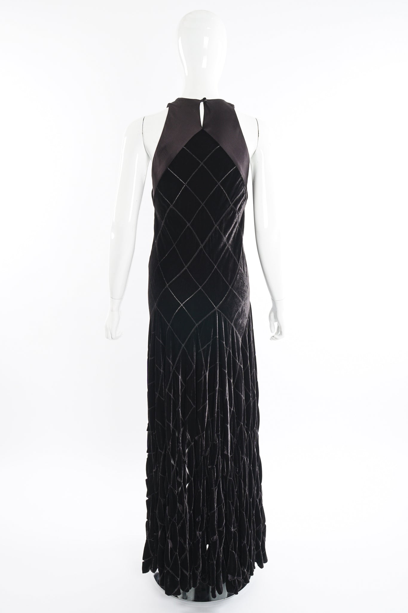 Vintage Calvin Klein Velvet Lattice Cut Gown on Mannequin back at Recess Los Angeles