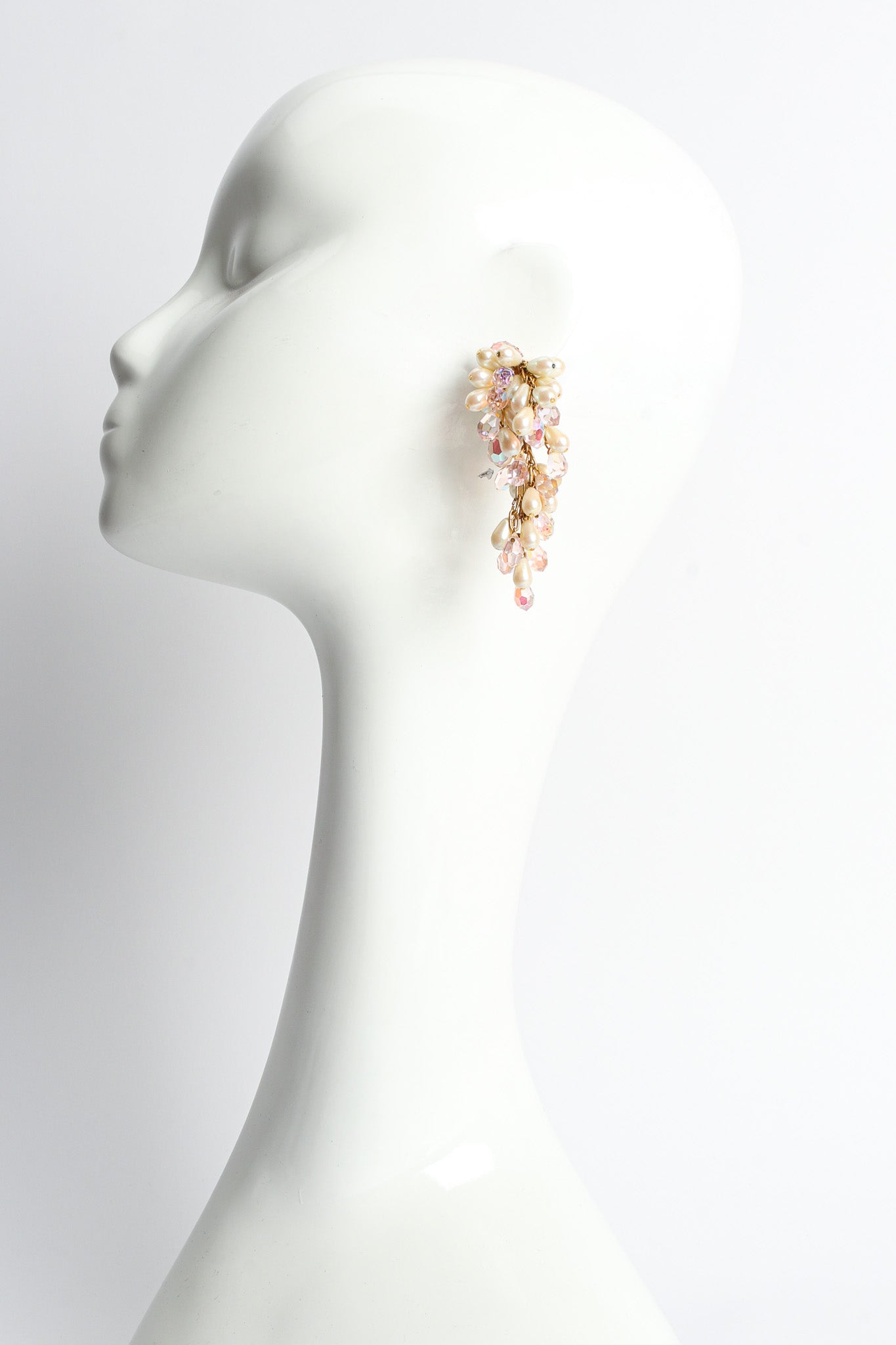 Vintage Cardillo Pearl Crystal Chandelier Earrings on mannequin  @ Recess LA