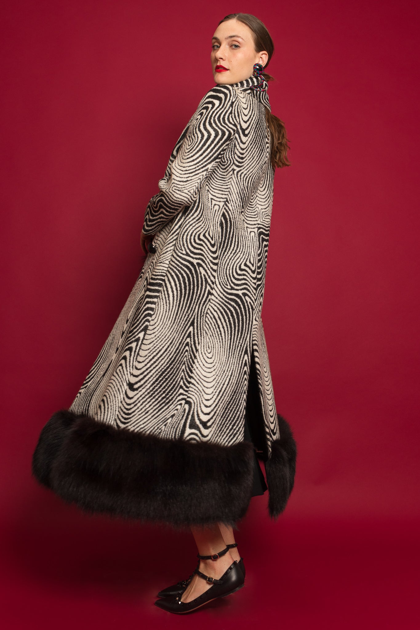 Vintage Pierre Cardin Abstract Moiré Wool Coat & Stole Set on Model Emily @ Recess LA