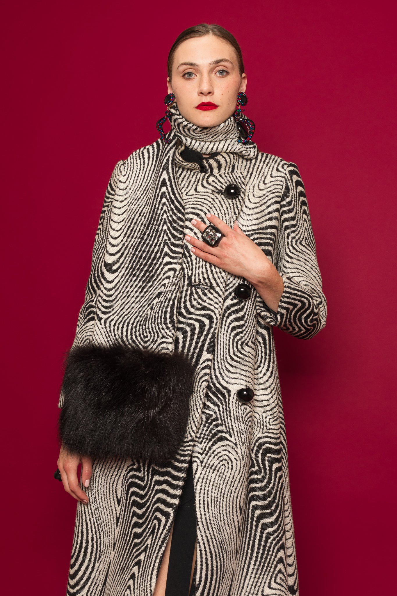 Vintage Pierre Cardin Abstract Moiré Wool Coat & Stole Set on Model Emily closeup @ Recess LA
