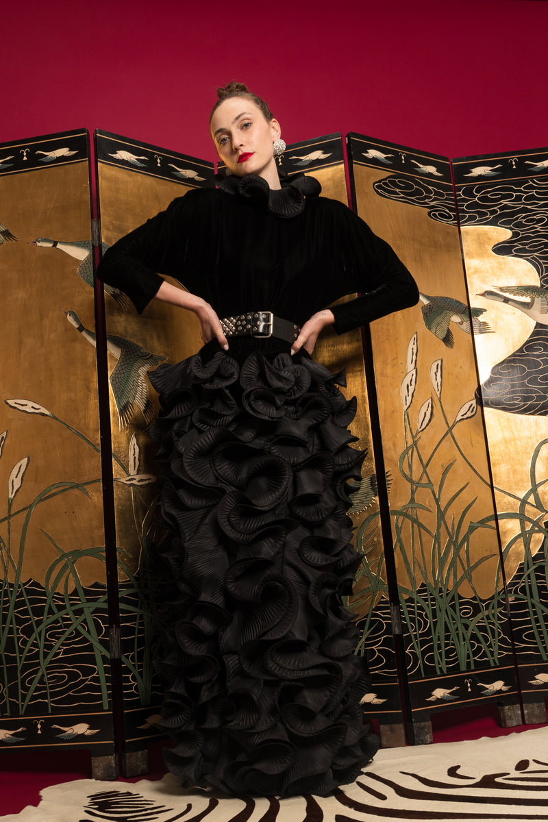 Vintage Pierre Cardin 1985 A/W Couture Ruffle Pleat Velvet Taffeta Gown on Emily @ Recess LA
