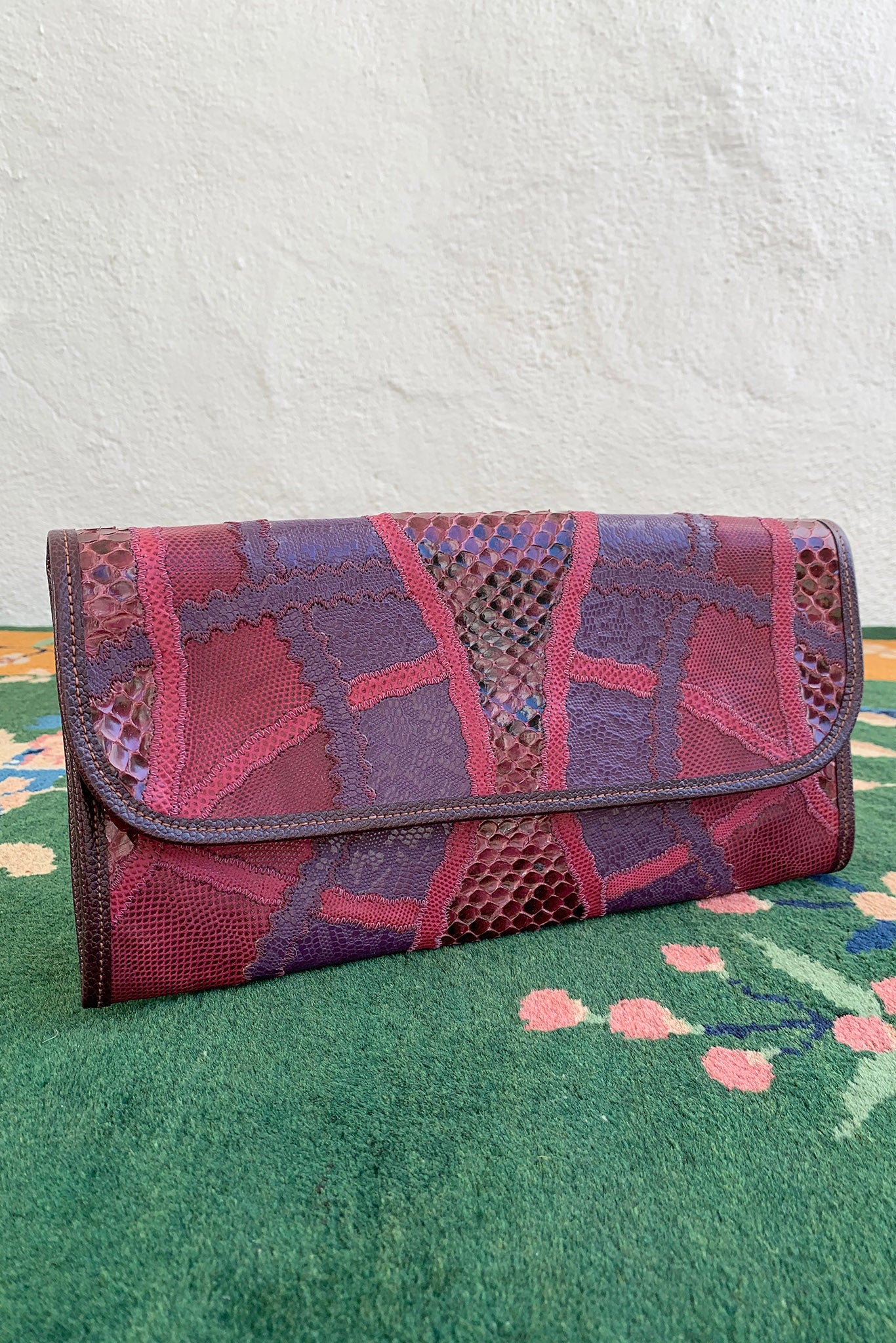 patchwork mini clutch python cream-turquoise – otra... Vintage Carlos Falchi Pink Purple Lizard Snake Patchwork Clutch – Recess