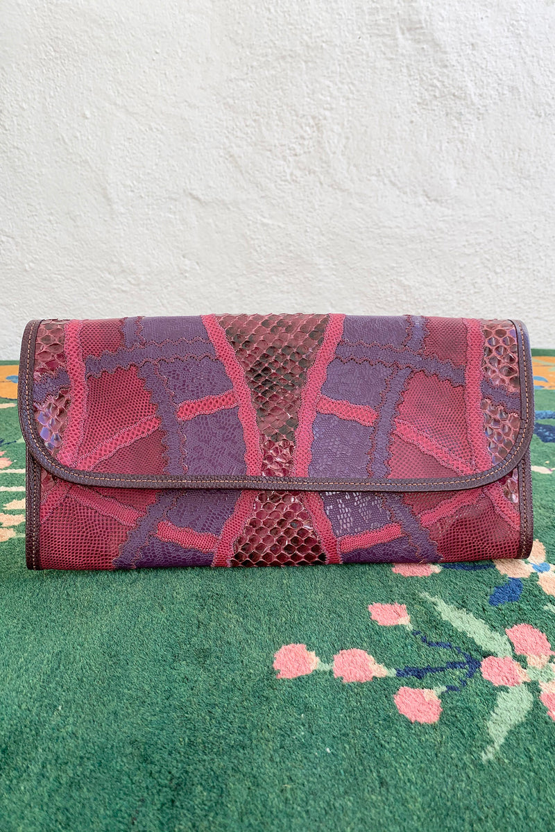 Vintage Carlos Falchi Pink Purple Lizard Snake Patchwork Clutch Front at Recess Los Angeles