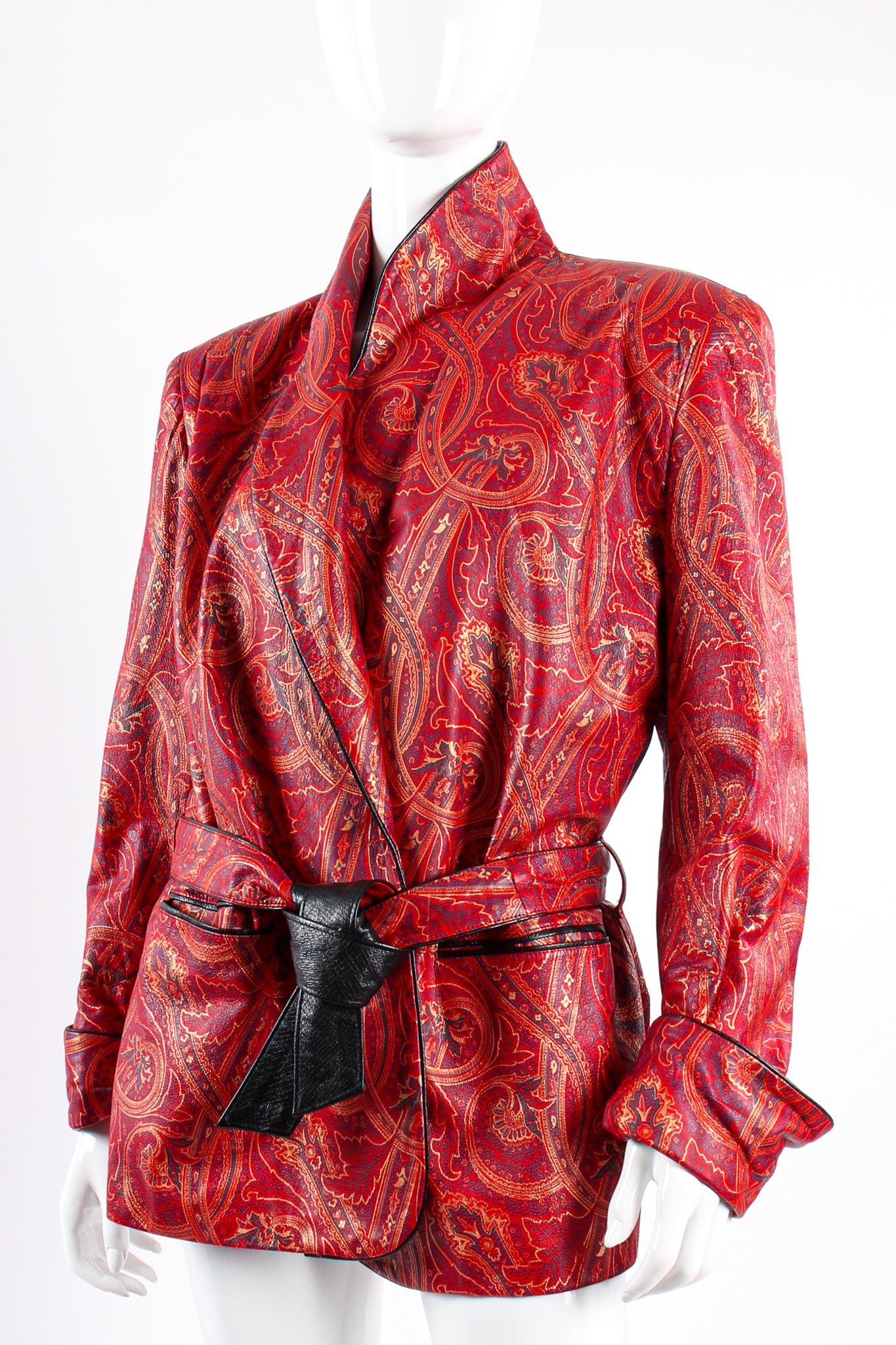 Vintage Carlos Falchi Paisley Leather Smoking Jacket on mannequin popped at Recess Los Angeles