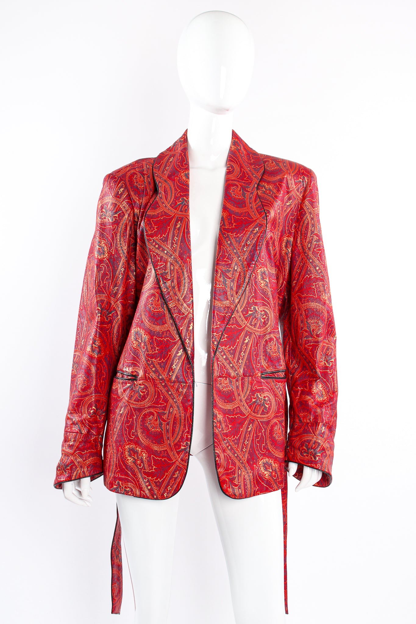 Vintage Carlos Falchi Paisley Leather Smoking Jacket on mannequin open at Recess Los Angeles