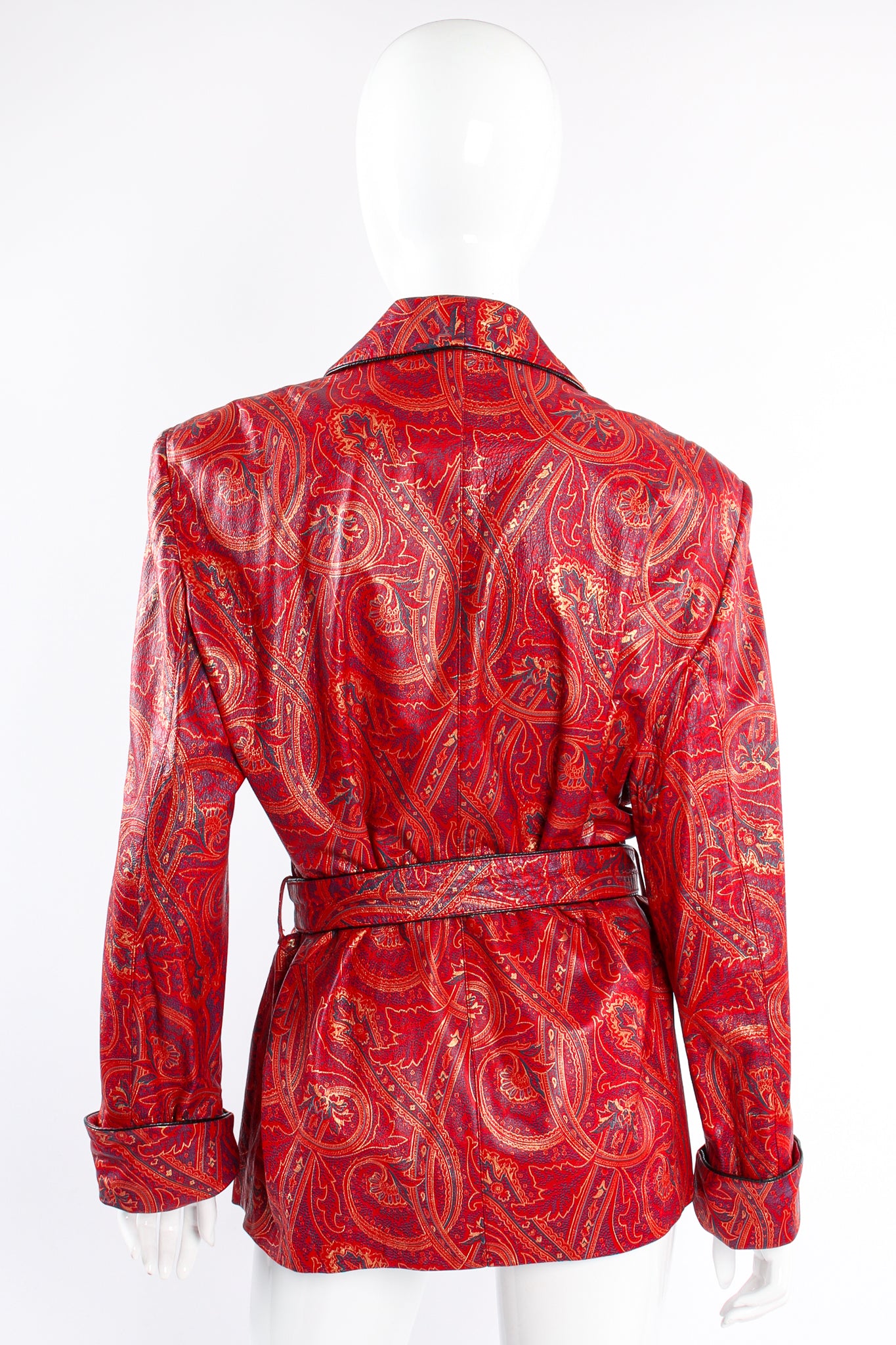 Vintage Carlos Falchi Paisley Leather Smoking Jacket on mannequin back at Recess Los Angeles