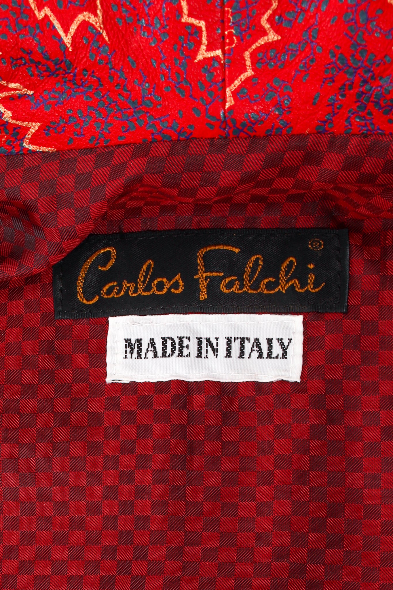 Vintage Carlos Falchi Paisley Leather Smoking Jacket label at Recess Los Angeles